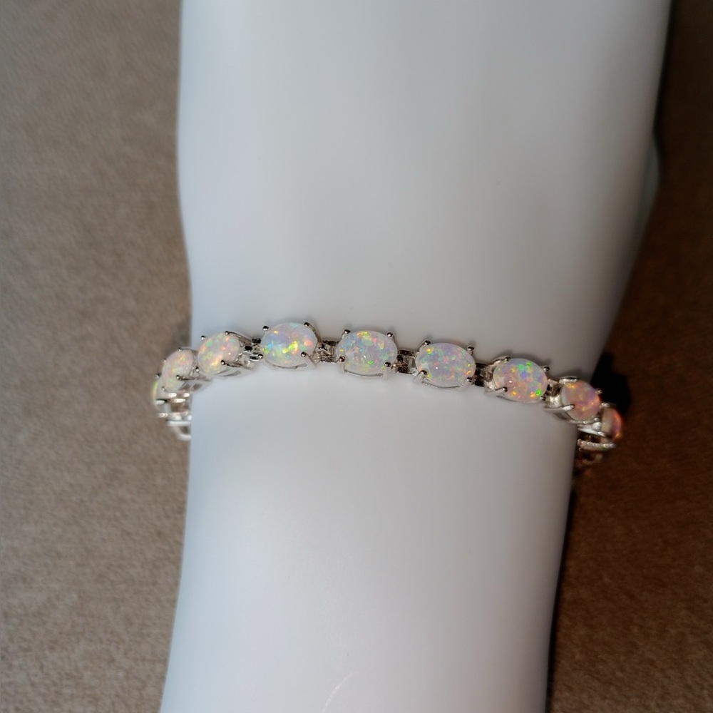 Ethiopian White Opal Tennis Bracelet, Oval Opal Solid 925 Silver, October